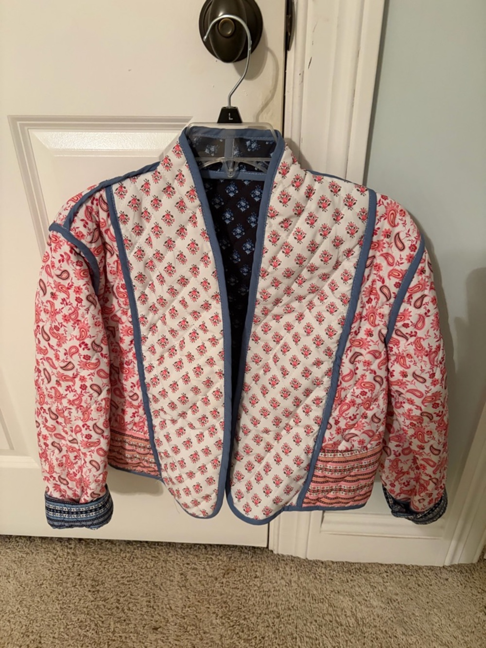 Quilted Printed Open-Front Jacket - Pink & Blue